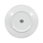 White ceramic plate with a visible brand logo on a white background