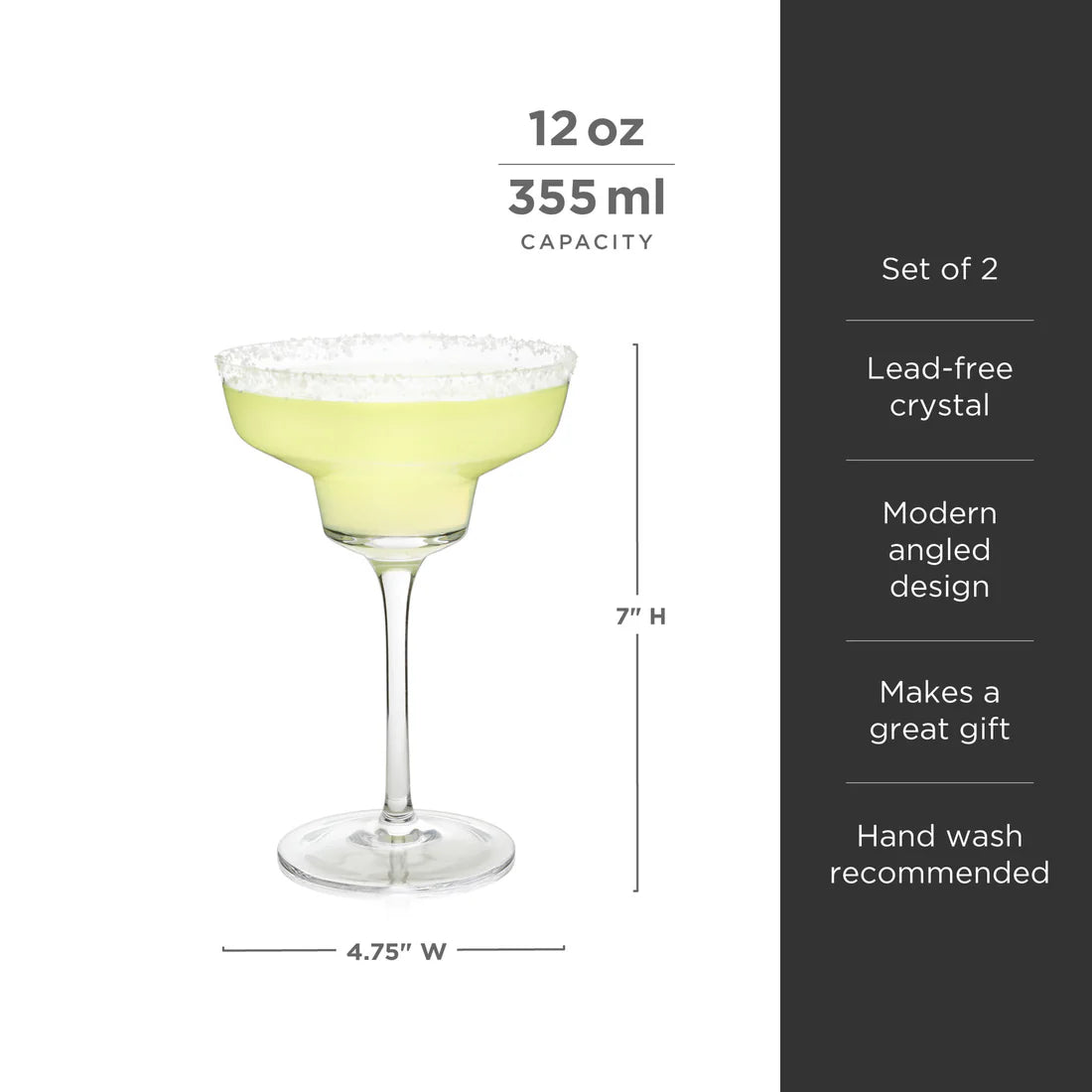 With sleek, modern angles, this margarita coupe offers a contemporary twist on a classic design, making it the perfect companion for a frothy, frozen margarita on a hot summer evening. Crafted from lead-free crystal, each glass holds 12 ounces and comes in a set of two. For lasting brilliance, hand washing is recommended.