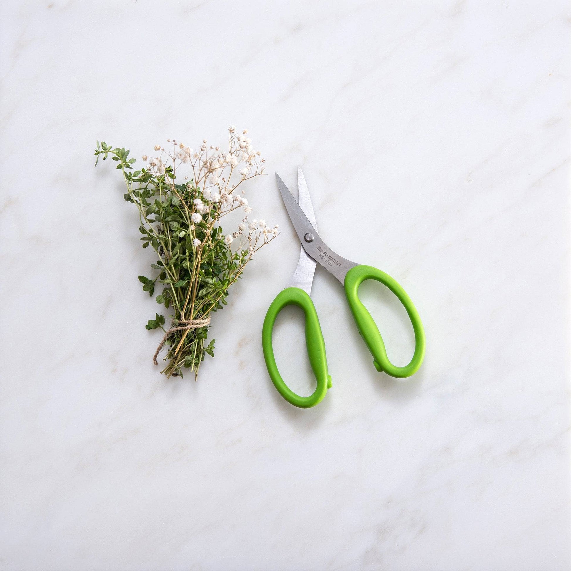 kitchen sissors with green handles on white surface with herbs. 