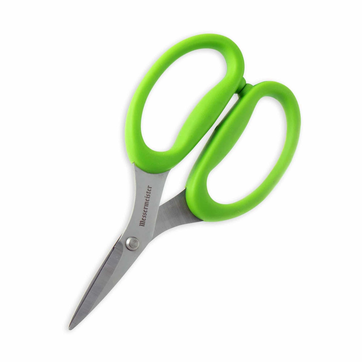 kitchen sissors with green handles on white surface. 