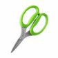 kitchen sissors with green handles on white surface. 