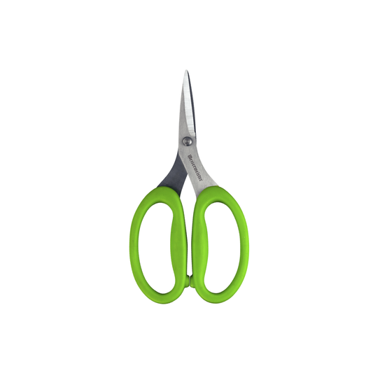 Bright green-handled scissors with silver metal blades, shown against a plain white background.