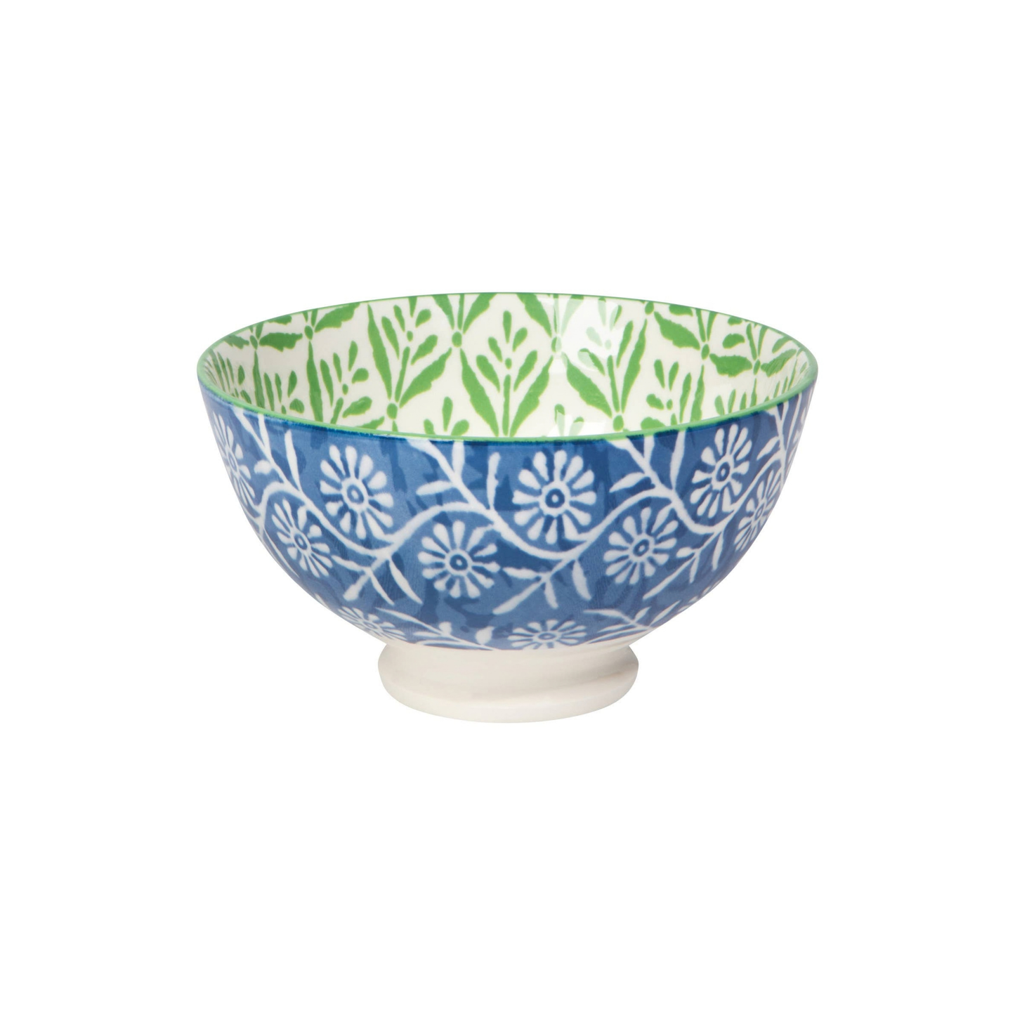 Decorative ceramic bowl with blue and white floral pattern on a white background