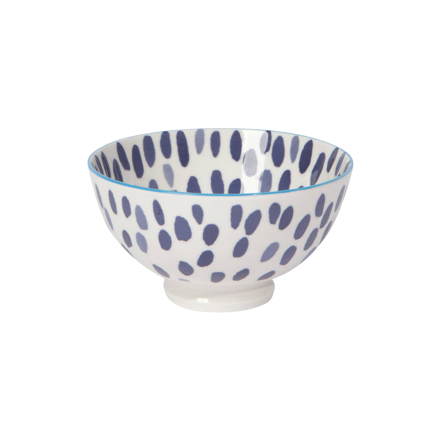 White bowl with blue spotted pattern on a white background