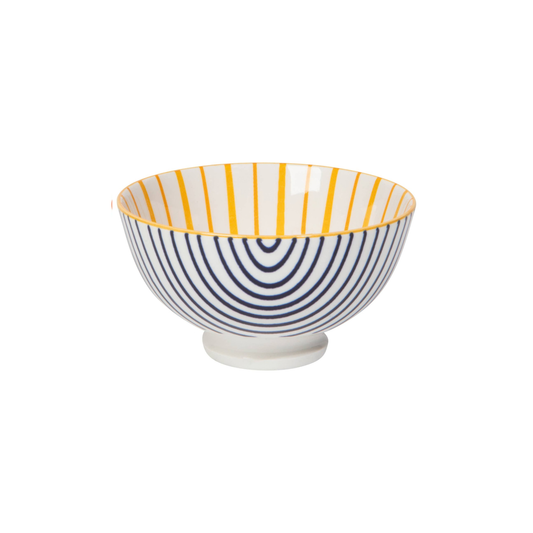 Decorative bowl with blue and yellow stripes on a white background