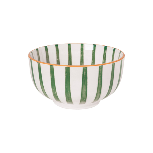 Ceramic bowl with green stripes on a white background