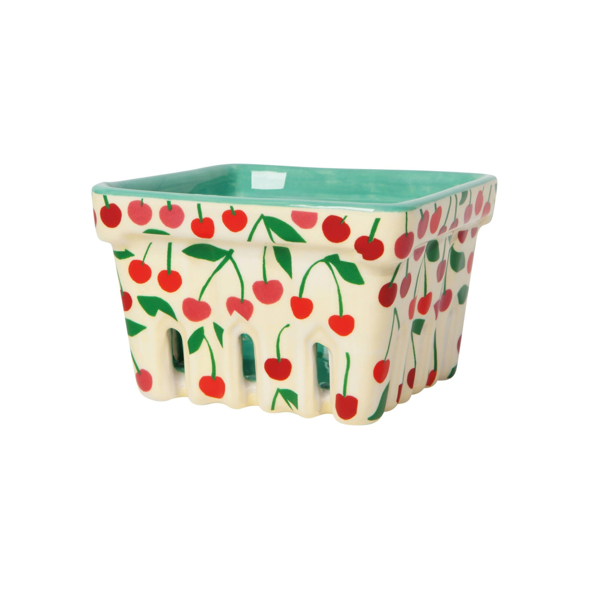 Decorative ceramic basket with cherry pattern on a white background