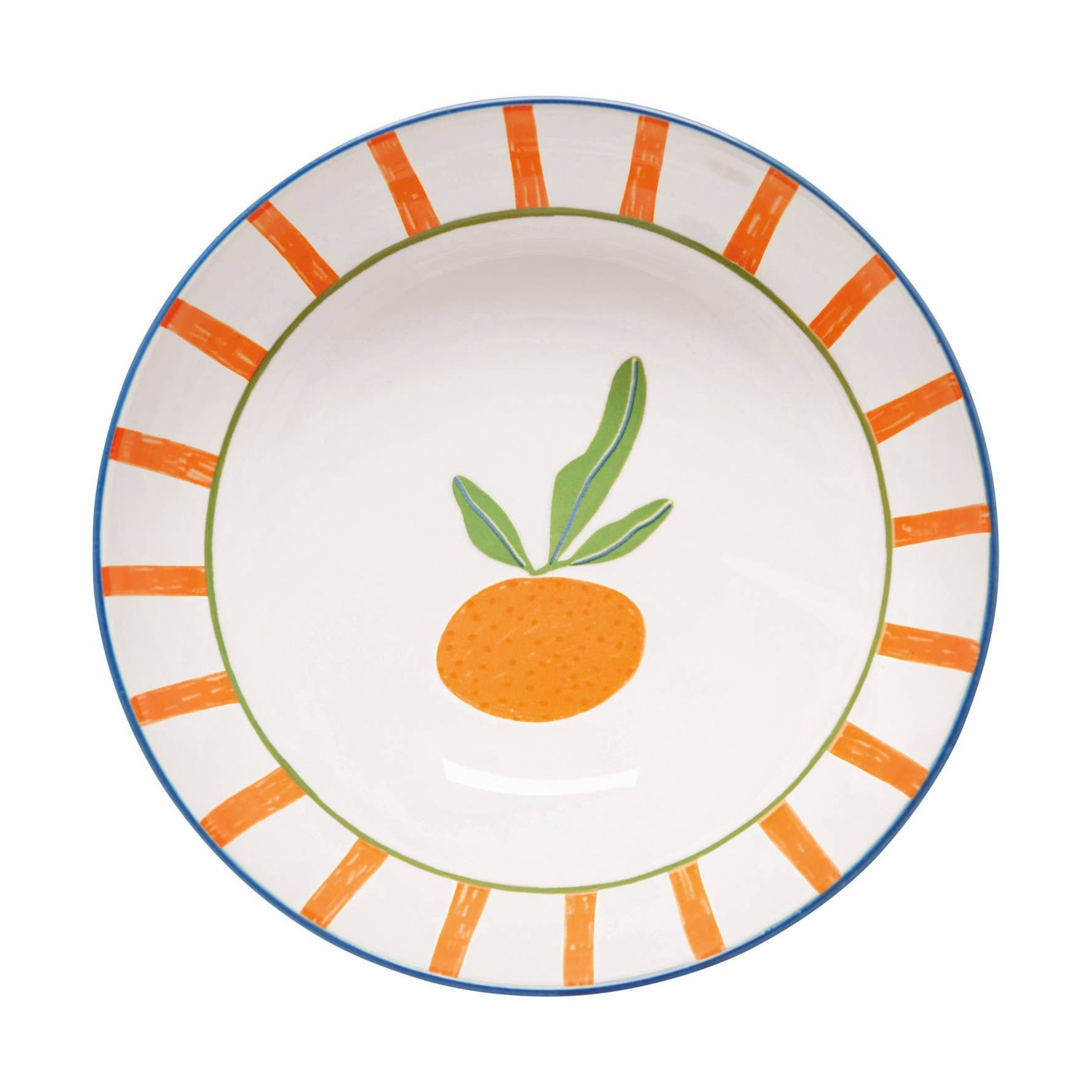 Ceramic plate with a pineapple design and colorful border on a white background