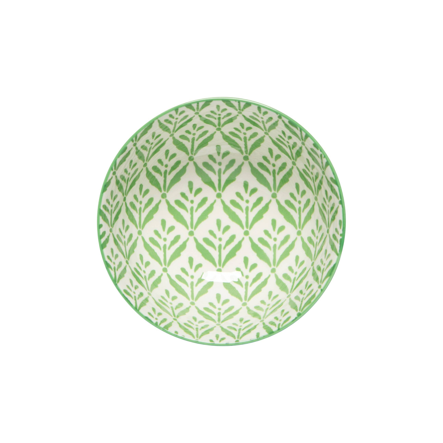 Round green and white patterned plate on a white background
