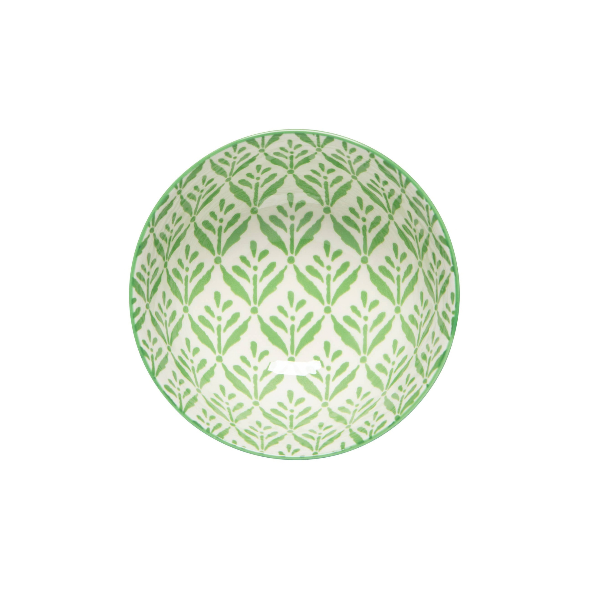 Round green and white patterned plate on a white background