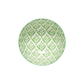 Round green and white patterned plate on a white background
