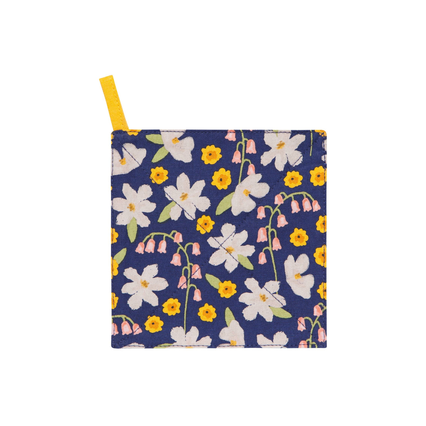 Floral-patterned pouch with a yellow pull tab on a white background