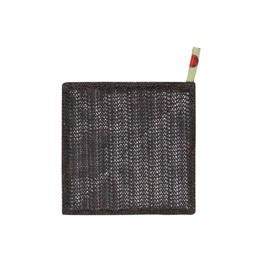 Black textured wallet with a pen on a white background