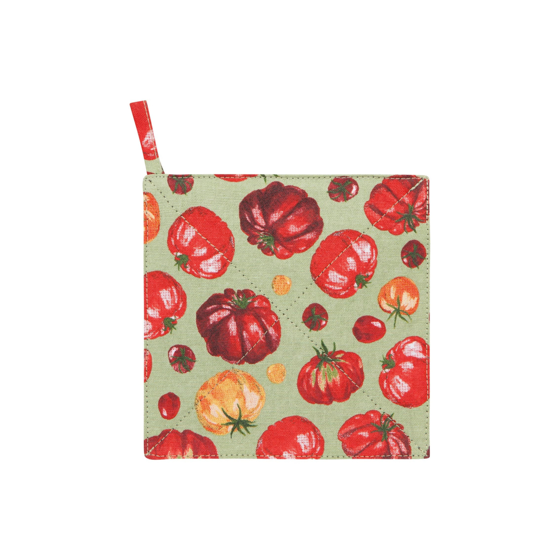 Potholder with red tomato pattern on a green background
