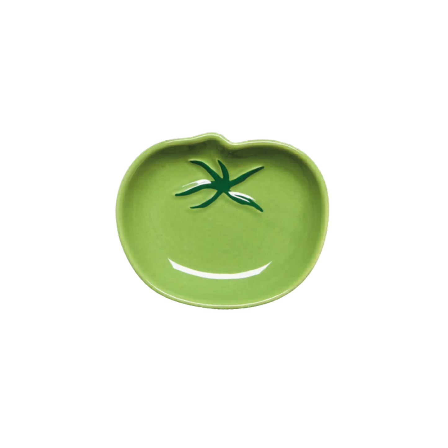 Green ceramic dish with a leaf design on a white background