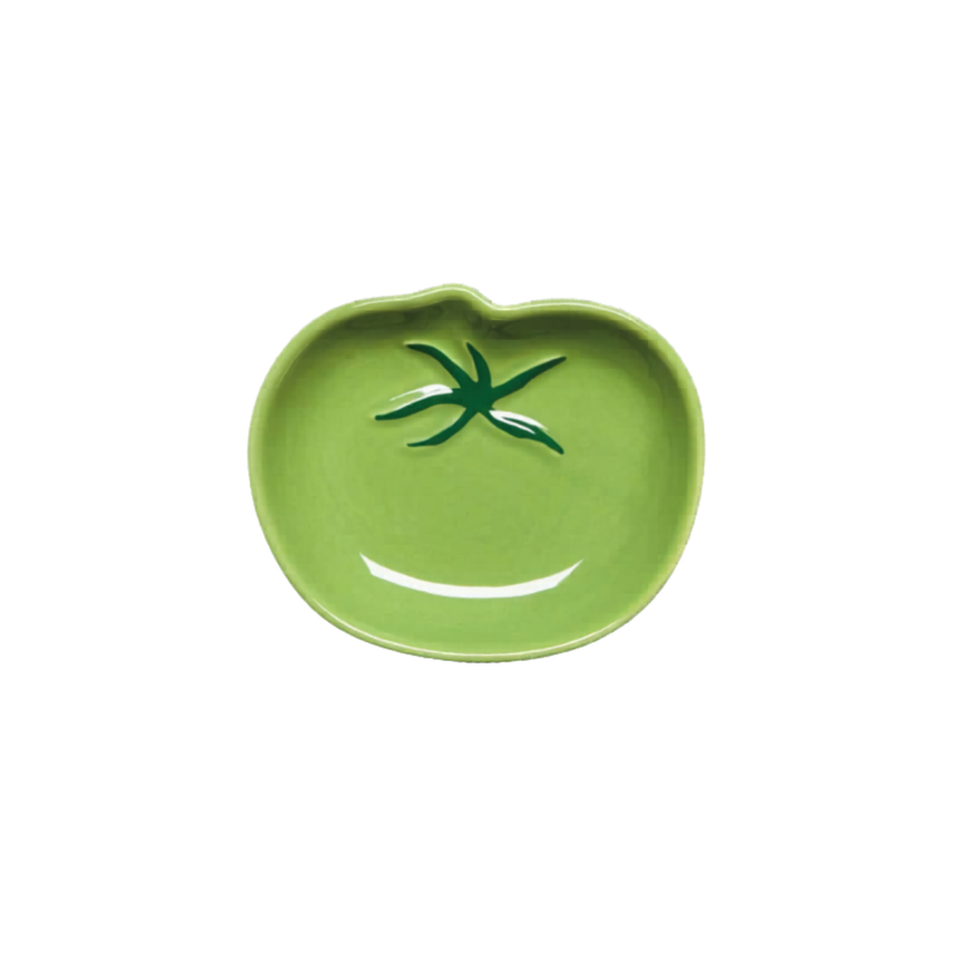 Green ceramic dish with a leaf design on a white background