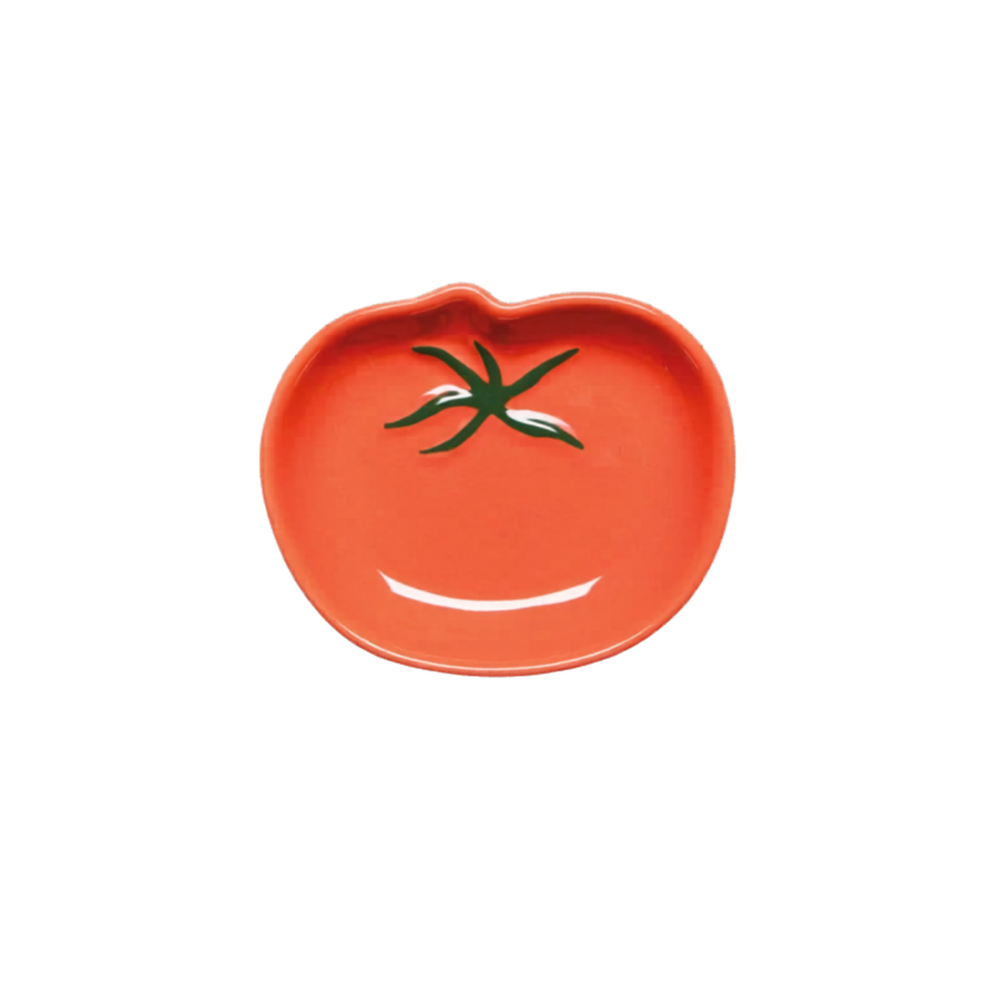 Tomato-shaped plate with a green stem on a white background