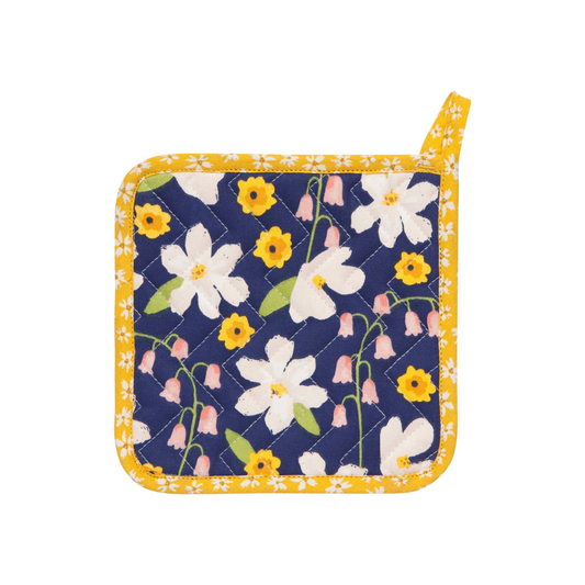 Floral patterned pot holder with yellow border on a white background