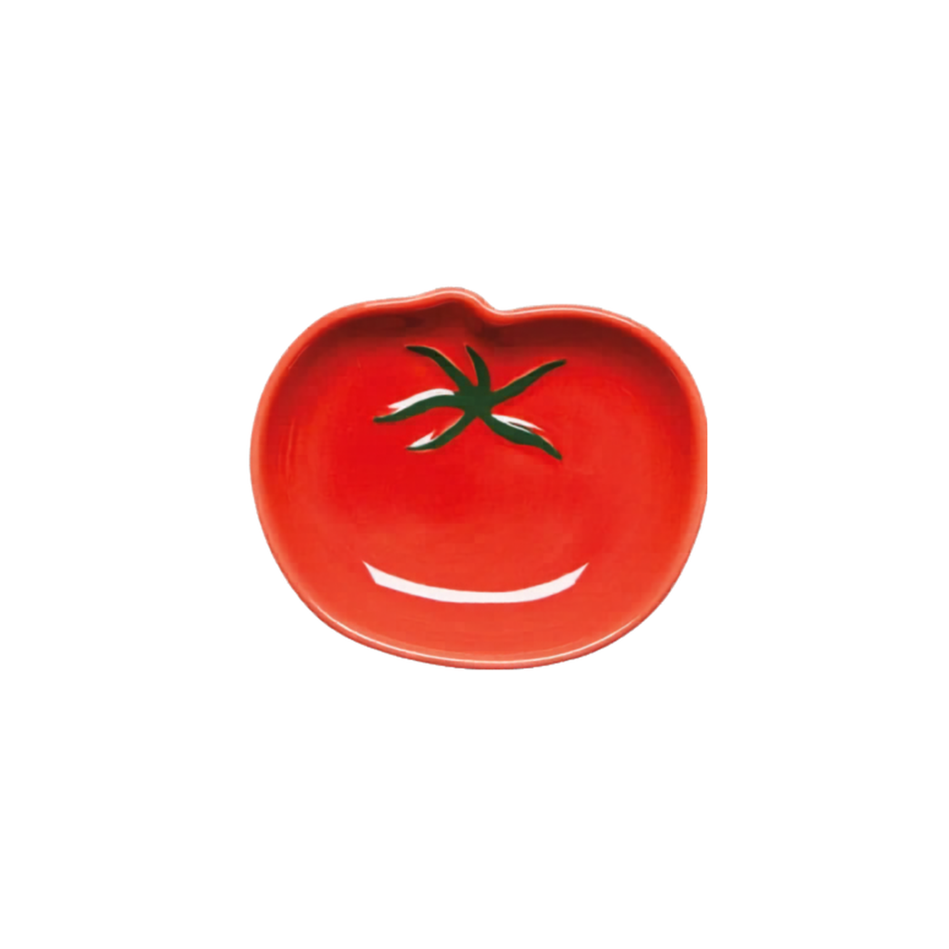 Red ceramic dish shaped like a tomato with a green stem on a white background