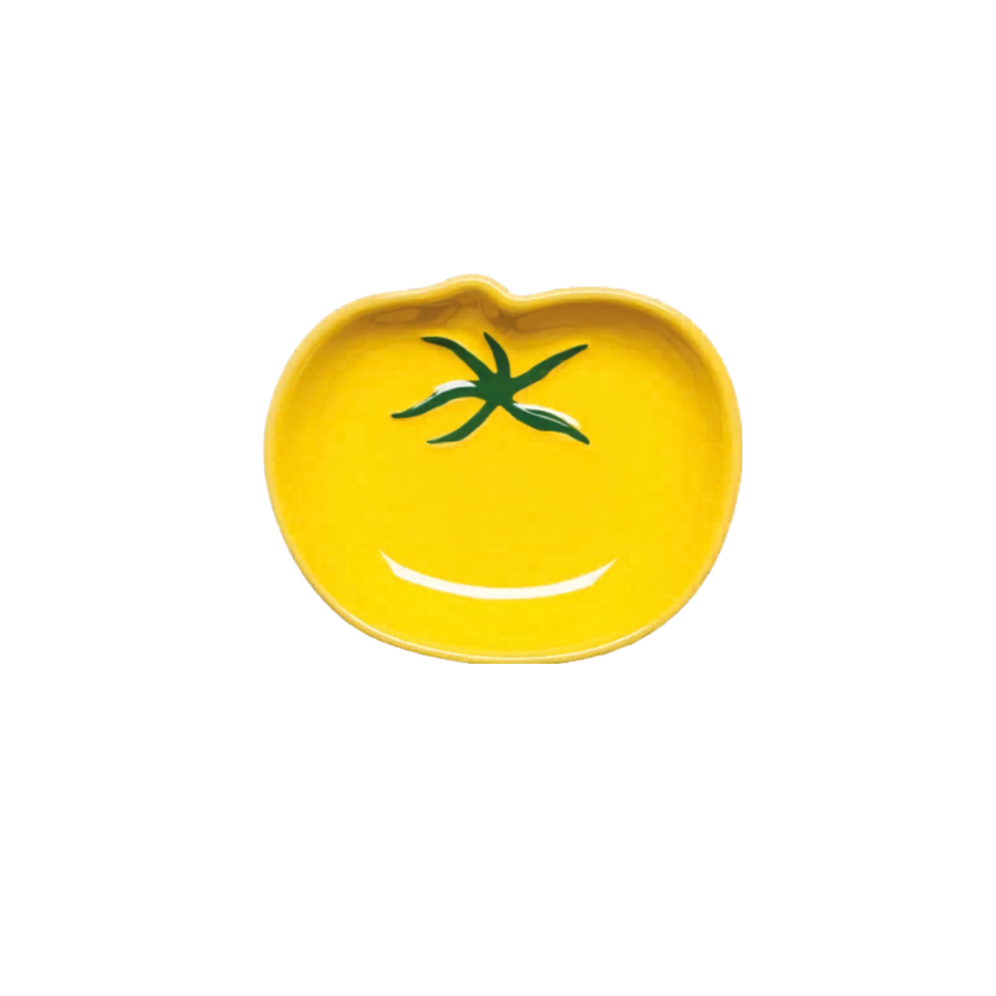 Yellow ceramic plate shaped like a tomato with a green stem on a white background