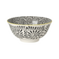 White bowl with black stamped vine pattern on the inside and out with yellow edge on a white background