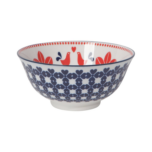 Blue pattern white bowl with red inside pattern on white background