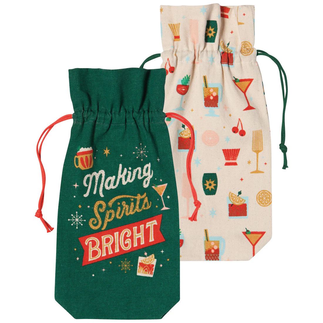 Two drawstring bags; one green with festive text and the other patterned with drinks.