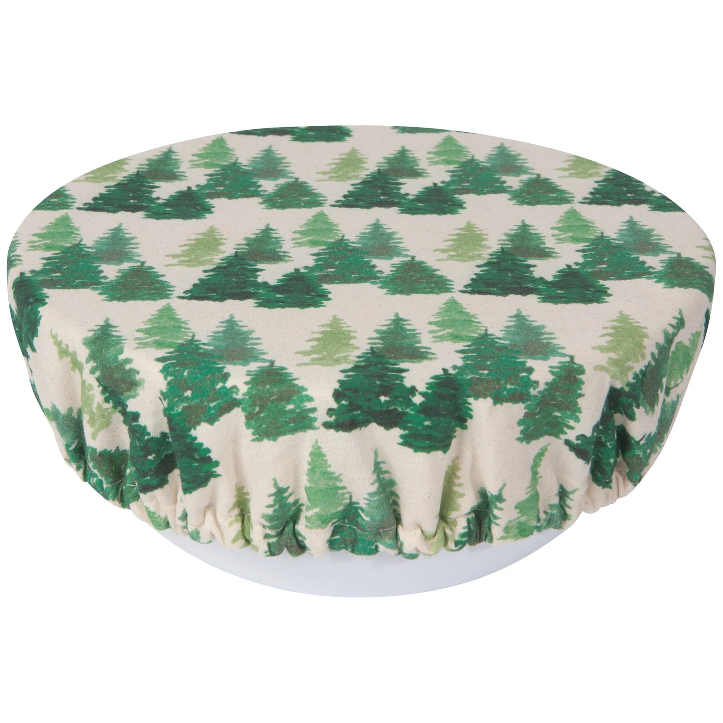 Round bowl cover on bowl with green tree pattern on a white background