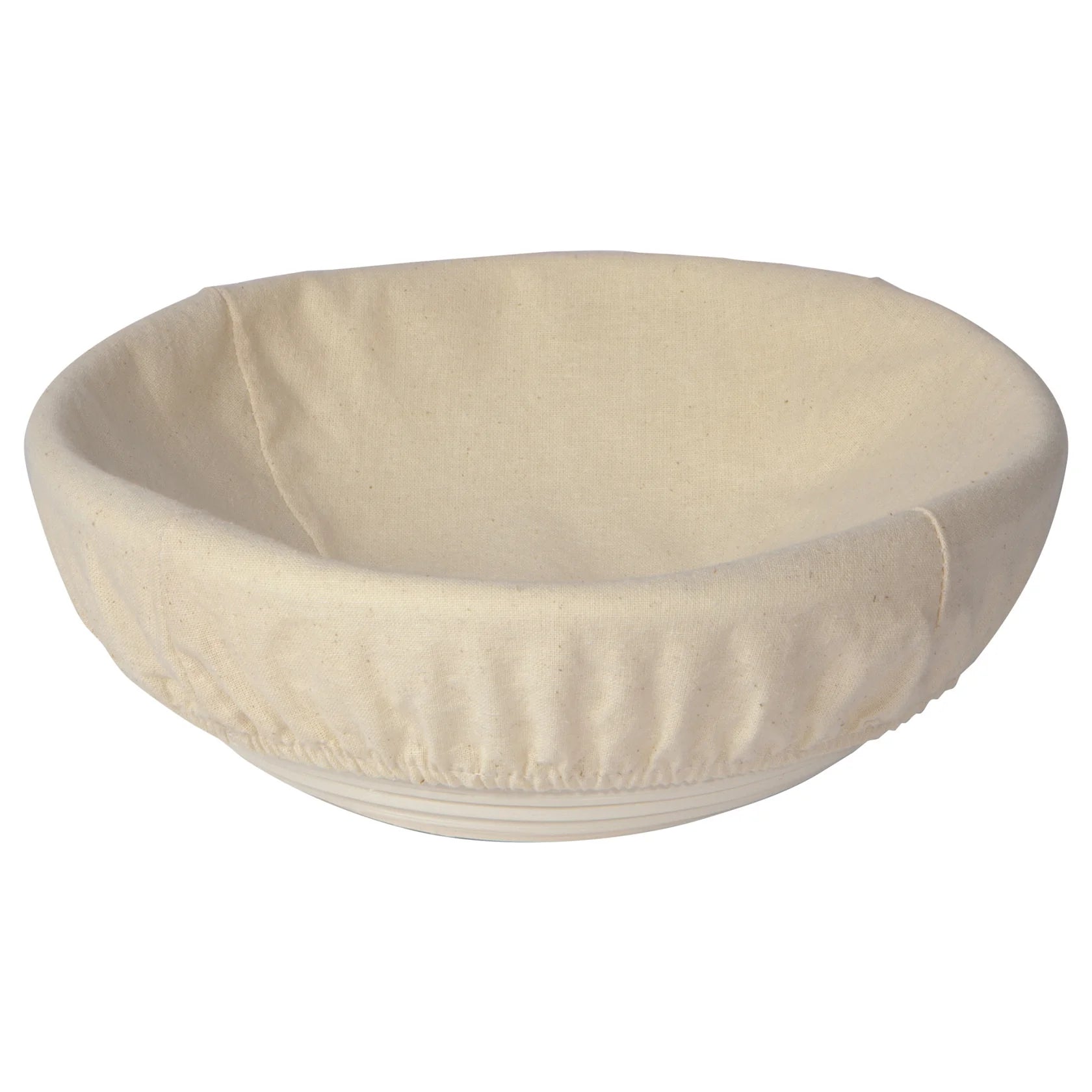 Beige fabric-covered proofing bowl on a white background