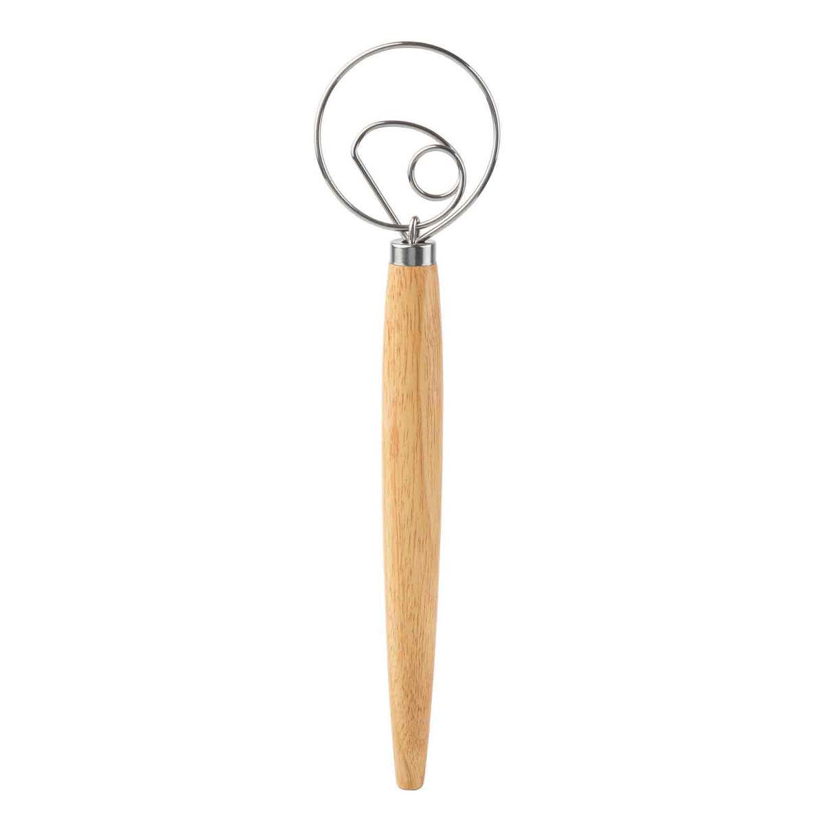 Danish Dough Whisk with wooden handle and metal head on a white background