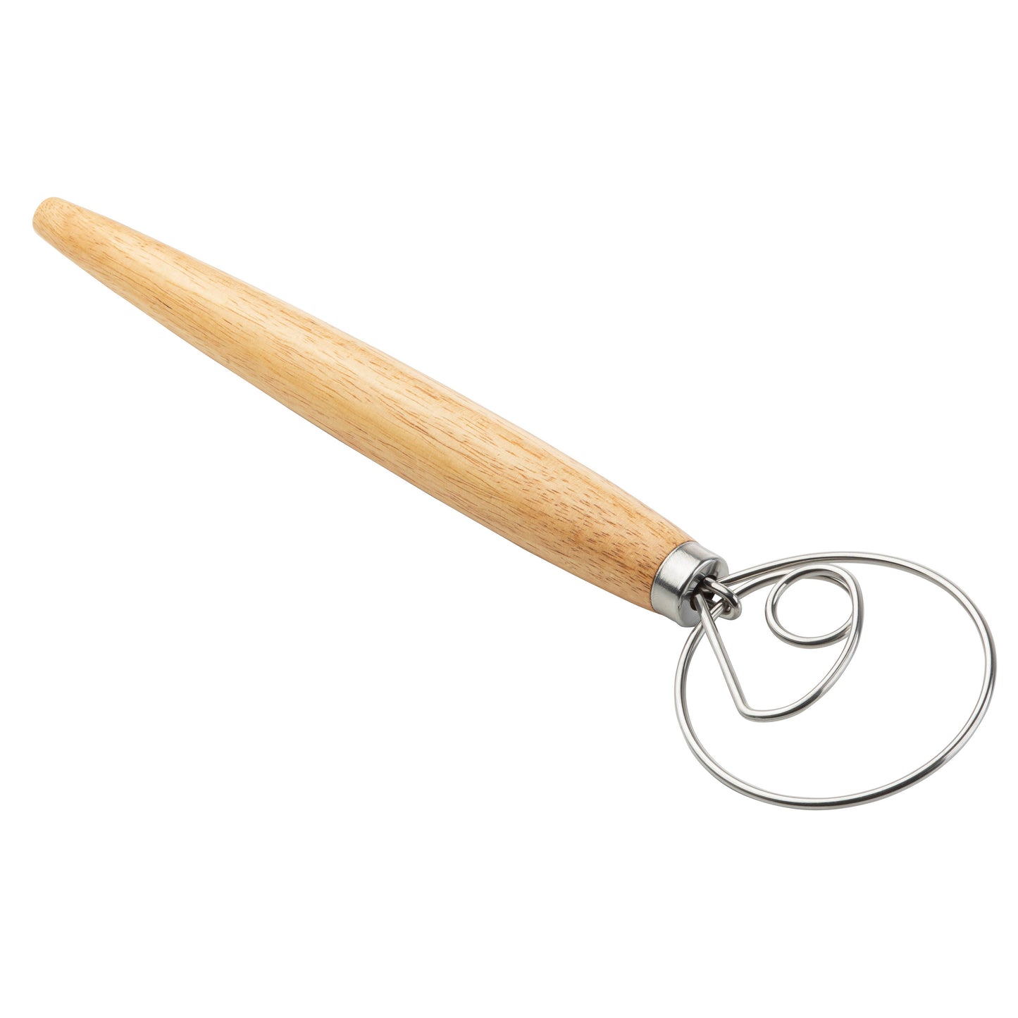 Dough scraper with wooden handle and metal blade on a white background