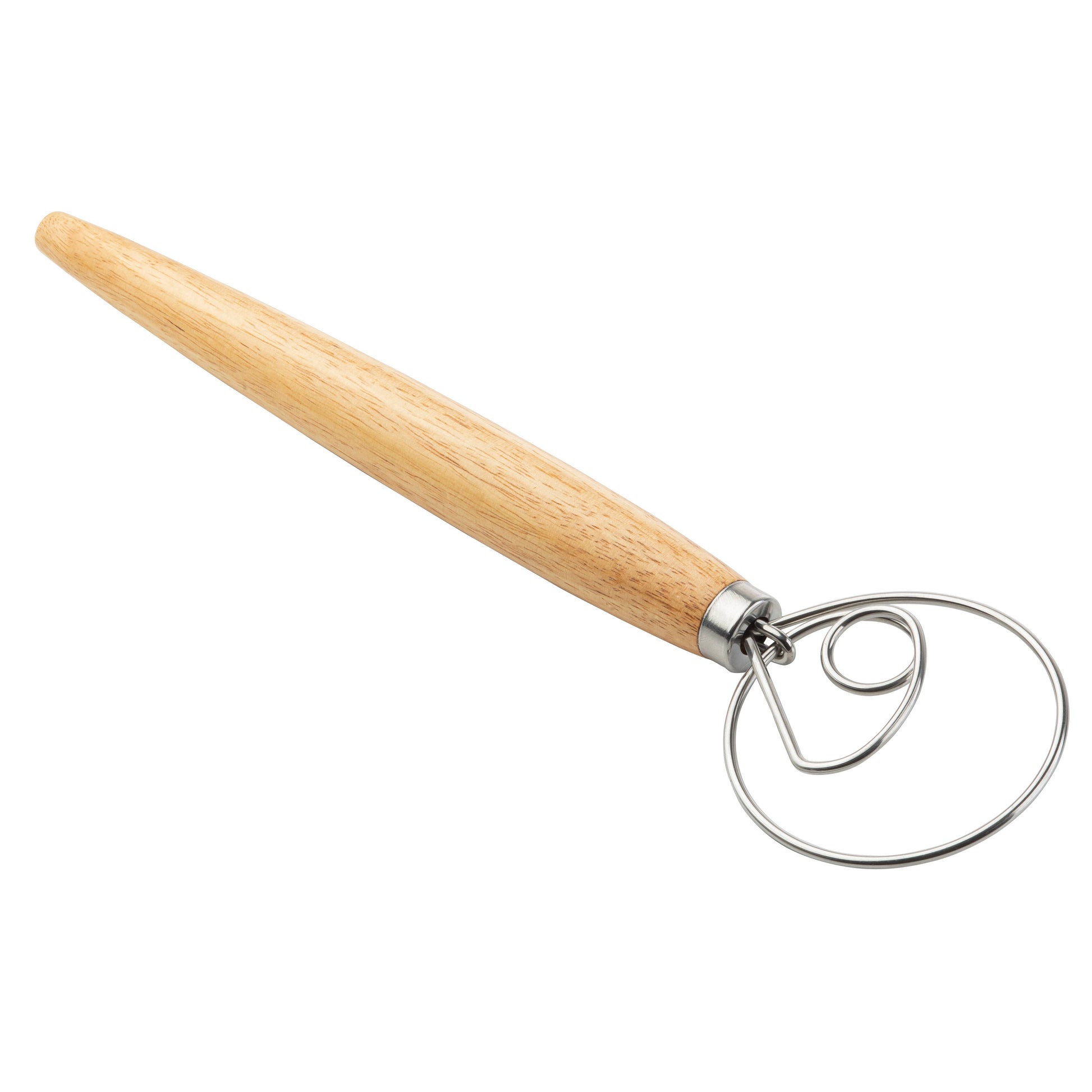 Dough scraper with wooden handle and metal blade on a white background
