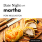 Pork Welelington on a wooden board with a knife, featuring 'Date Night with Martha' text.