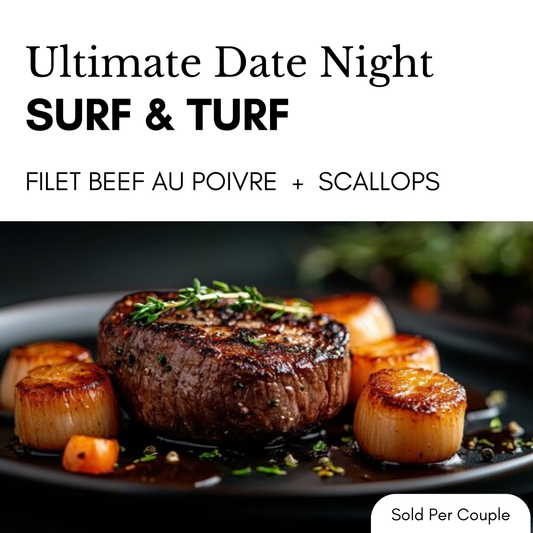 Plated dish of filet beef au poivre with scallops on a dark background, labeled 'Ultimate Date Night Surf & Turf'.