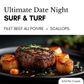 Plated dish of filet beef au poivre with scallops on a dark background, labeled 'Ultimate Date Night Surf & Turf'.