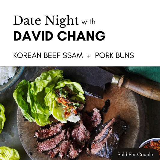 Promotional graphic for a food product featuring sliced beef ssam and pork buns on a wooden board with lettuce wraps, alongside a large knife, on a dark textured background. Text at the top reads 'Date Night with DAVID CHANG' and 'KOREAN BEEF SSAM + PORK BUNS'.