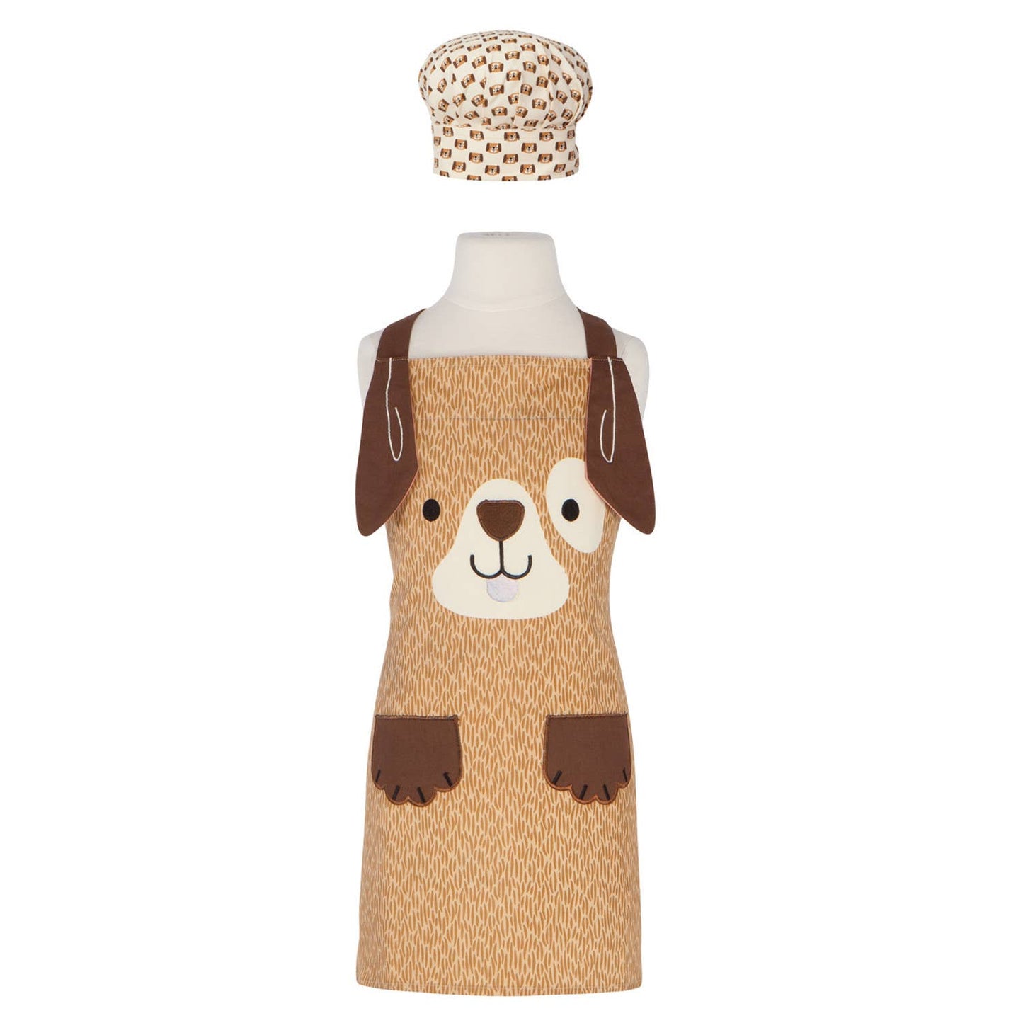 Children's apron with dog design and matching chef hat on a mannequin against a white background