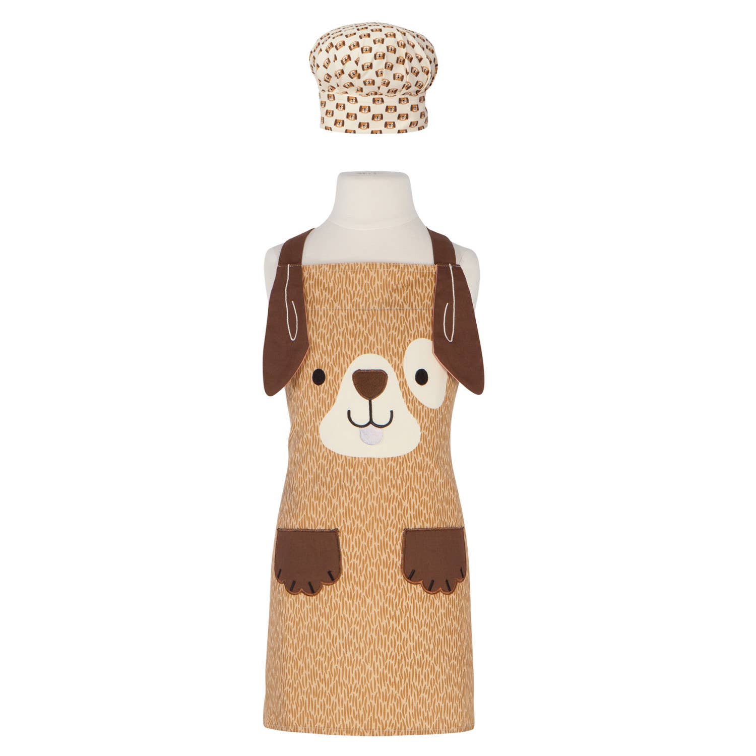 Children's apron with dog design and matching chef hat on a mannequin against a white background