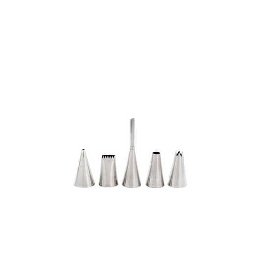 Set of five metal icing nozzles on a white background