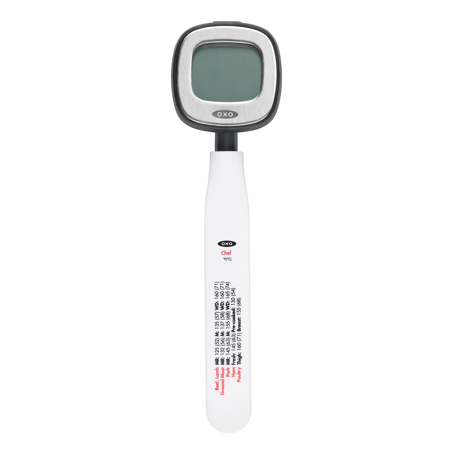 Digital kitchen scale with a white handle and black digital display on a white background