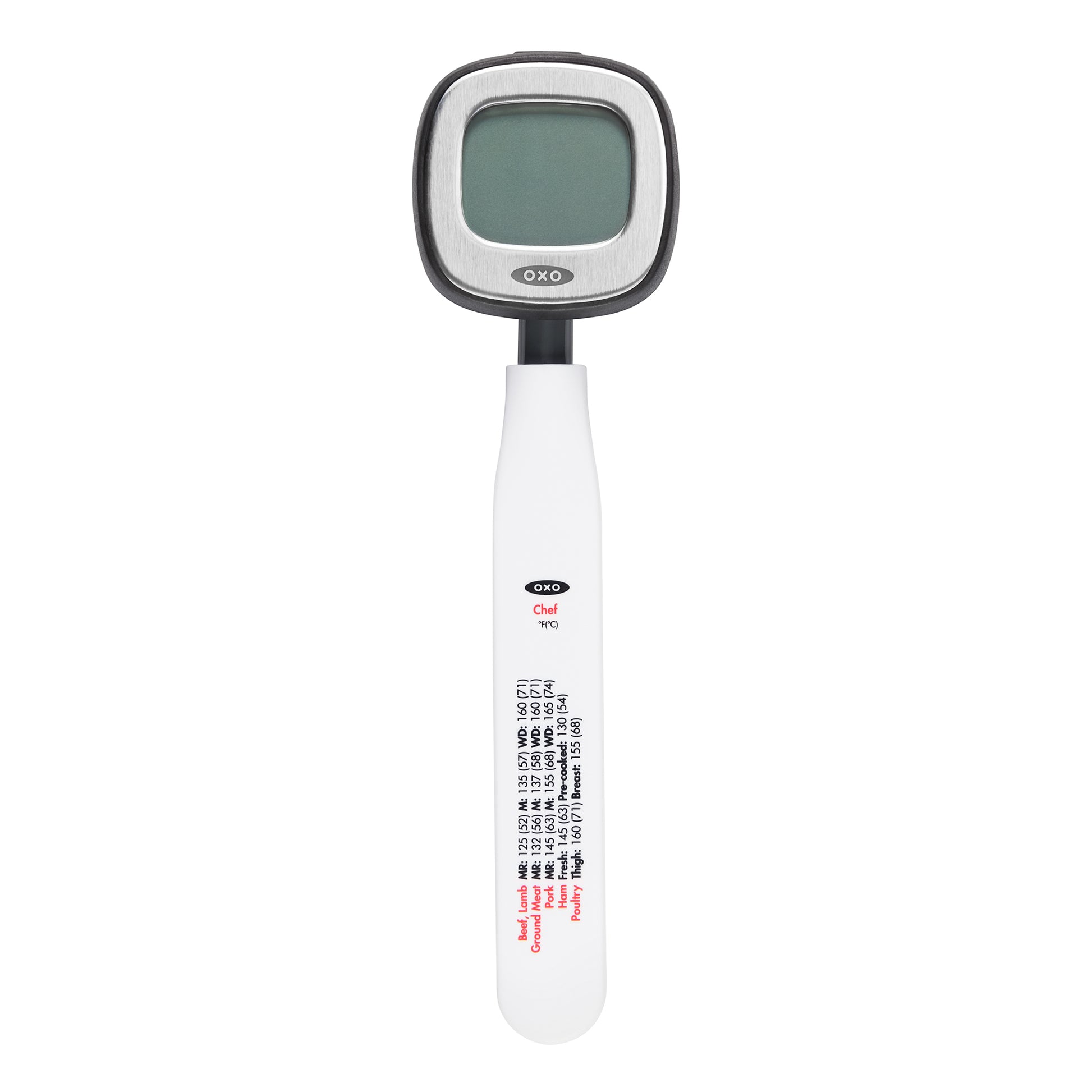 Digital kitchen scale with a white handle and black digital display on a white background