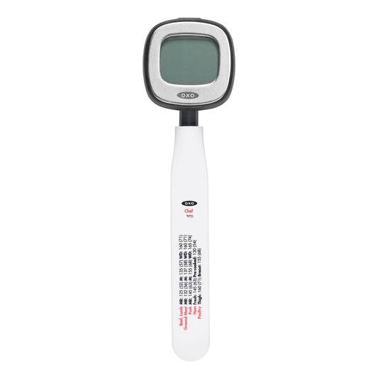 Digital kitchen scale with a white handle and black digital display on a white background