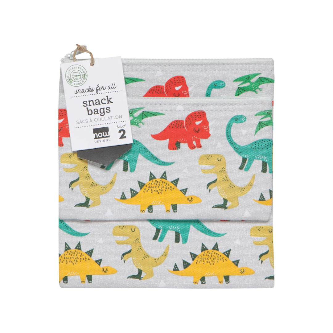  set of two snack bags feature a dinosaur pattern 