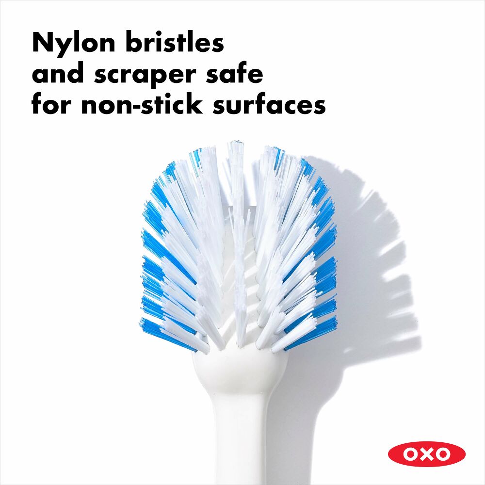 Close up of dish brush head with blue and white brissels. 