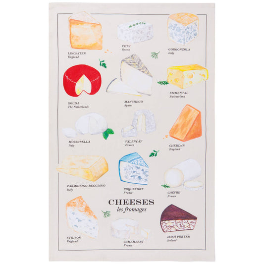 Tea towel with illustrations of various types of cheese