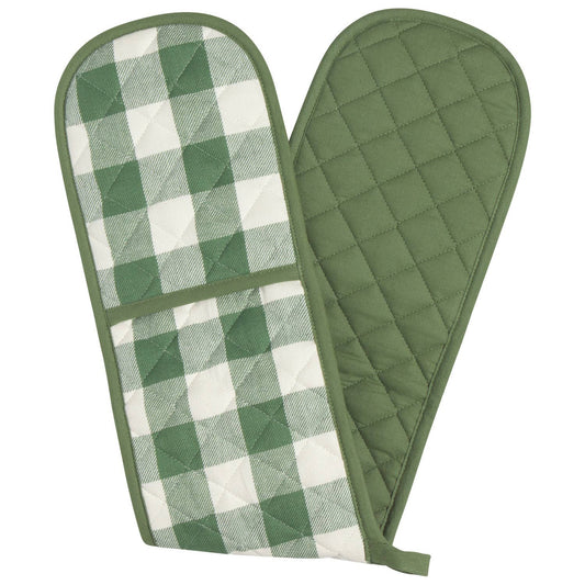 Pair of green and white checkered oven mitts on a white background
