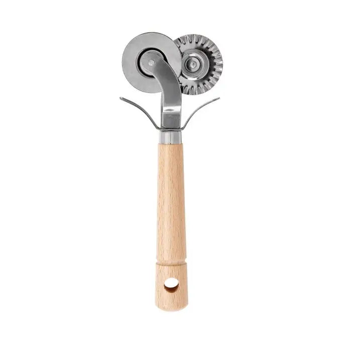 Roller tool with wooden handle and metal wheel on a white background