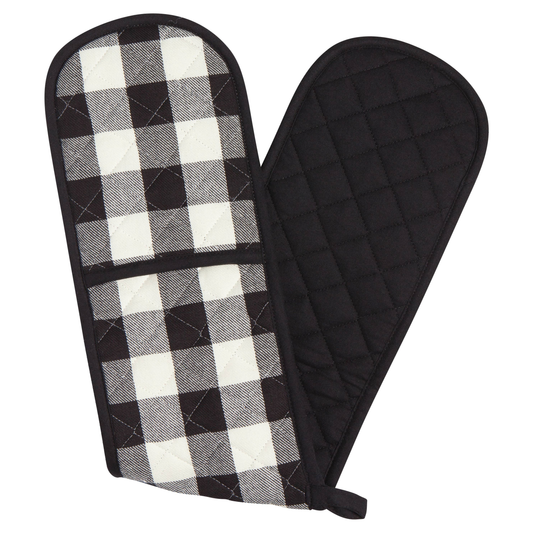 Black and white checkered oven mitt on a white background