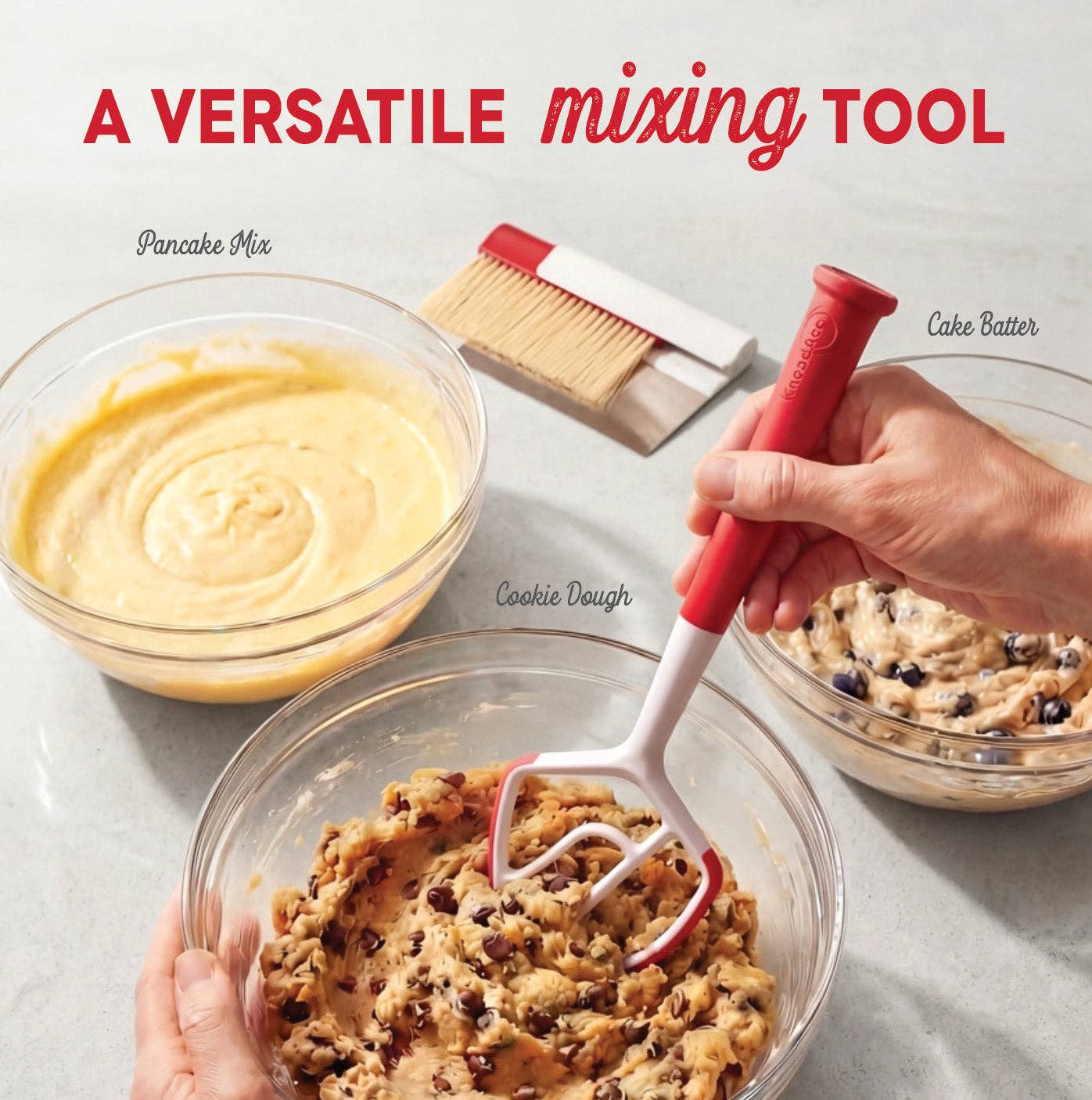 Red spatula mixing cookie dough with text indicating versatility in baking.