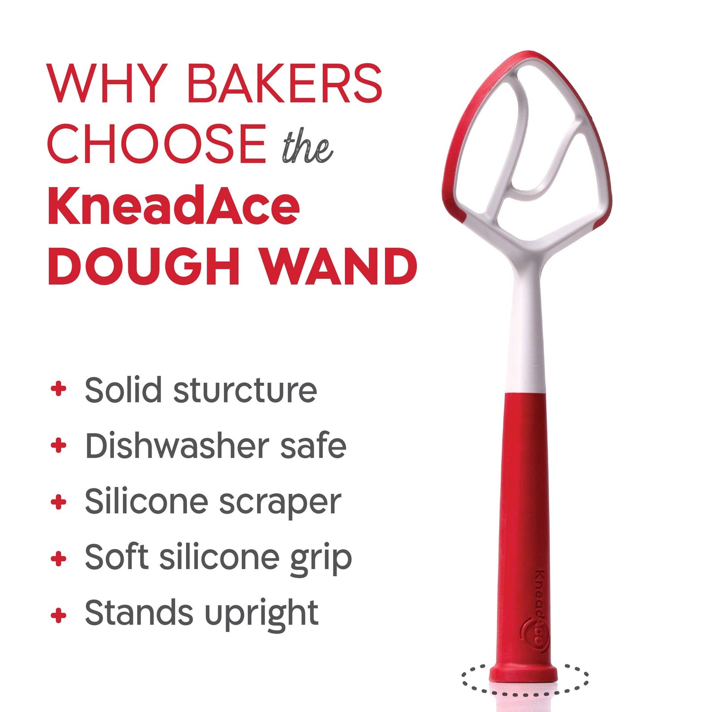 KneadAce dough wand with features listed on a white background